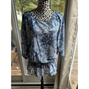 Chicos Tunic 2 Kimono Sleeve Boho Hippie Top Smocked Ruffle Sheer Blue Print